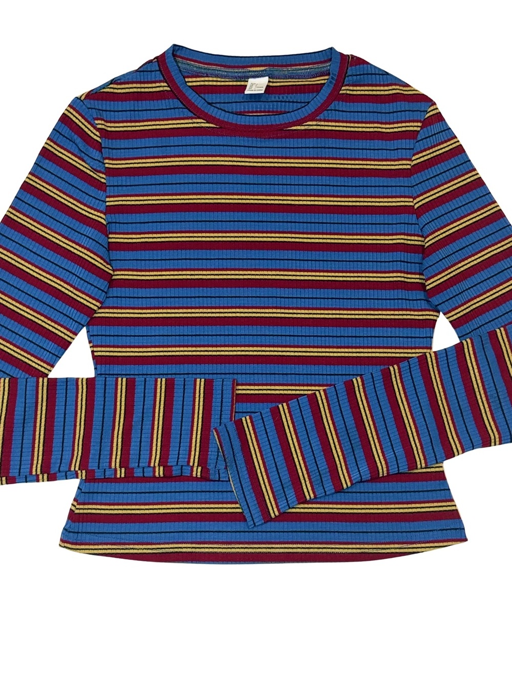 Long Sleeve Striped Ribbed Y2K Style Top - Blue, Burgundy and Yellow Ribbed Slim